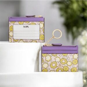 Coach Mini Skinny Id Case With Floral Print Purple & Yellow Card Holder 🆕